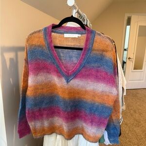 ASTR Women's V-Neck Sweater in Pink, Blue, and Orange Stripes